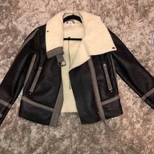 Black and taupe leather sherpa jacket